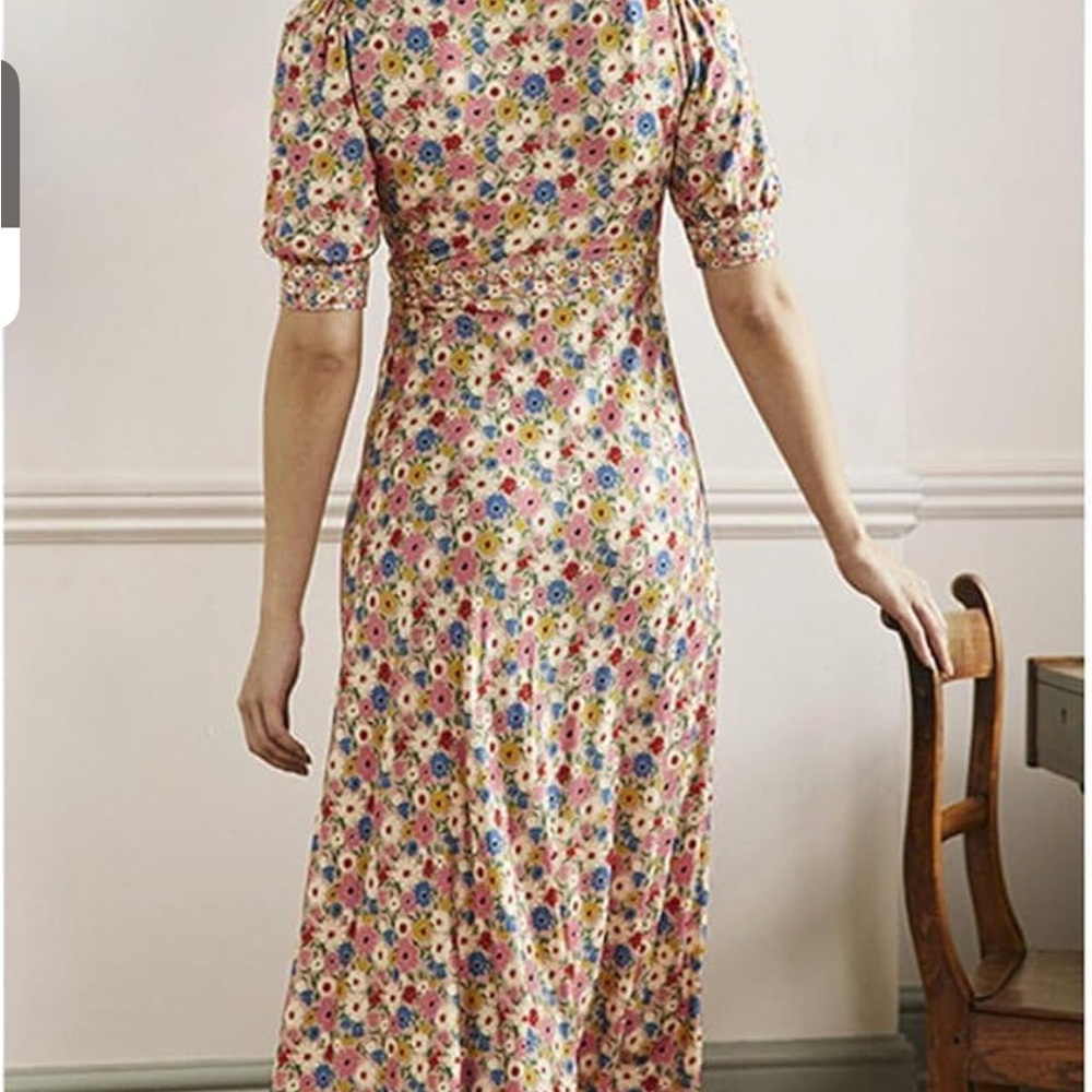 Boden Eva Pink Floral/Milkshake Midi Tea Dress Jersey 12R - Picture 6 of 6